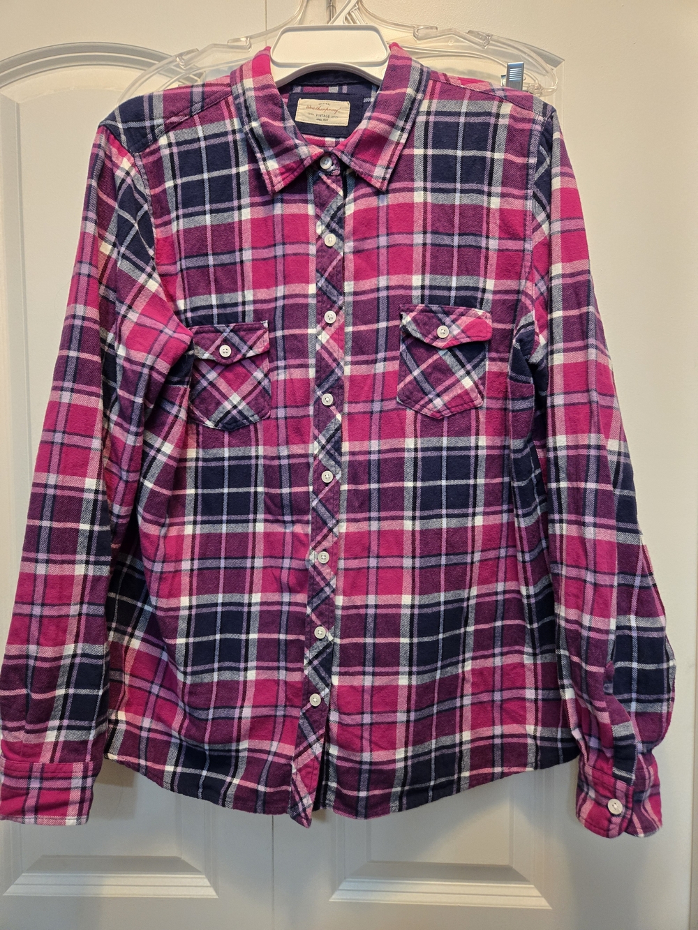 Original Weatherproof Vintage Pink and Navy Plaid Flannel Button Up Shirt XL